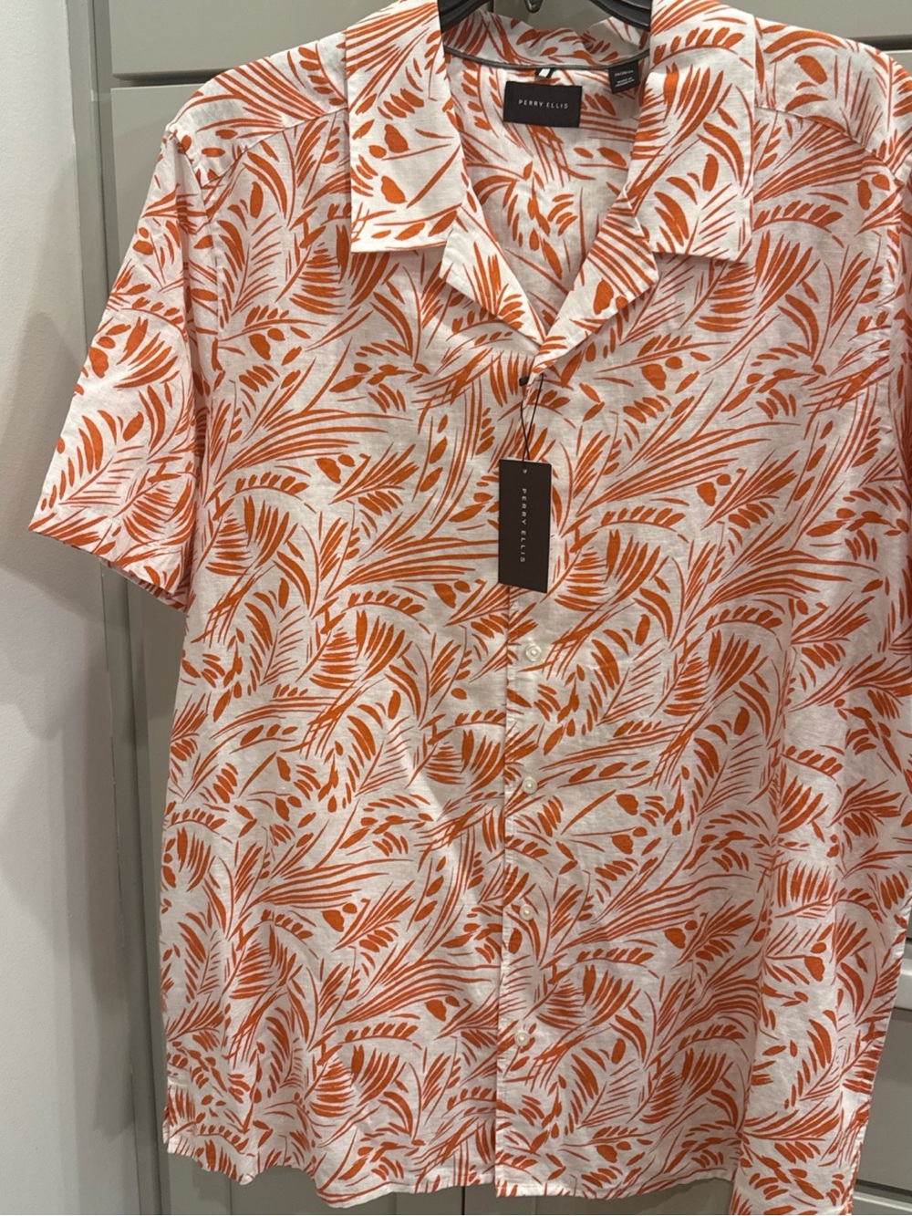 $89 NEW Perry Ellis Summer Shirt Men 2X Linen Leaf Short Sleeve Orange White